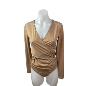 Abercrombie & Fitch Women's Brown V Neck Long Sleeve Drape Wrap Bodysuit Top S